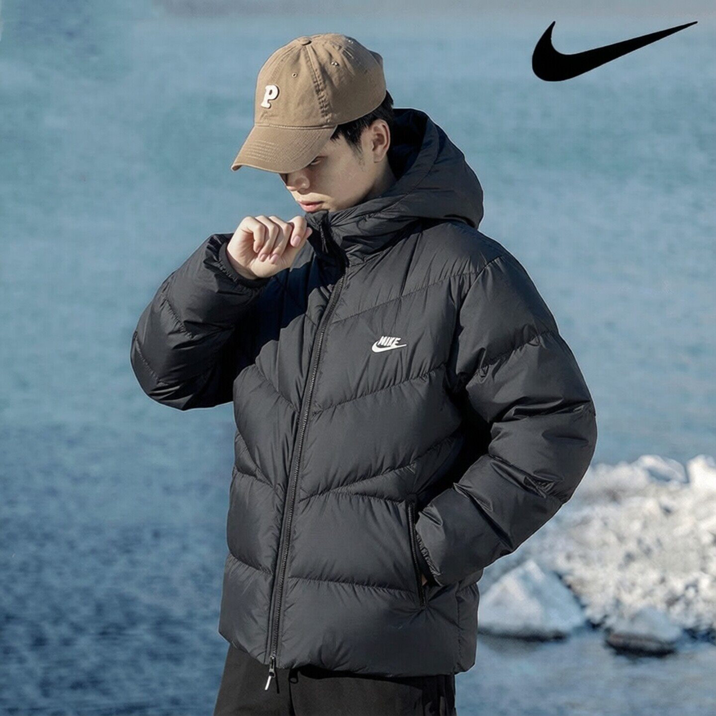 Nike耐克新款风行者羽绒服防风保暖男装外套黑色连帽上衣运动装潮