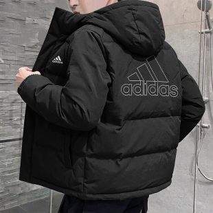 黑色羽绒服男冬阿迪达斯新款加厚防风轻便鸭绒复古宽松面包服