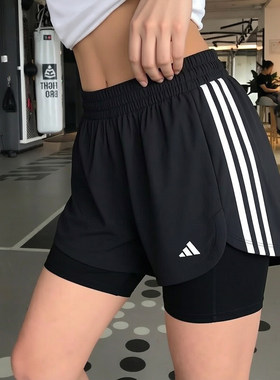 阿迪达斯短裤女运动梭织速干裤夏季新款二合一瑜伽健身运动三分裤