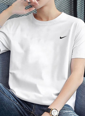 Nike耐克正品纯棉白色T恤男子新款短袖圆领透气运动装五分袖上衣