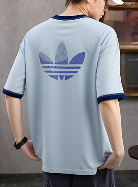 adidas三叶草短袖男t恤夏季新款宽松大码棉蓝色美式复古篮球半袖