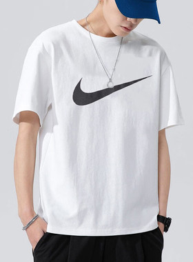 Nike耐克夏季新款短袖T恤男圆领透气潮流休闲风白色LOGO运动上衣