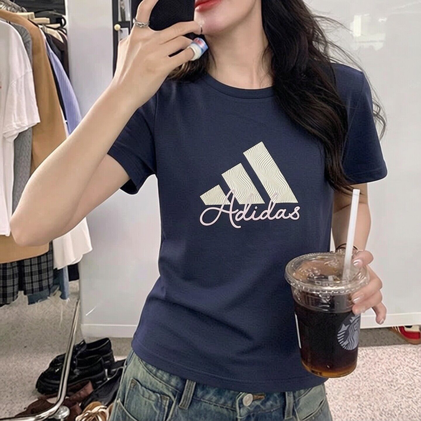 阿迪达斯蓝色T恤女夏季新款复古半袖韩版百搭校园印花上衣棉短袖