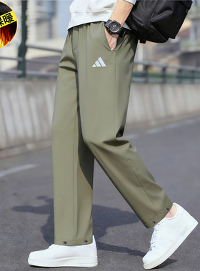阿迪达斯男士军绿色直筒加绒运动长裤宽松透气梭织休闲裤软壳长裤