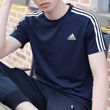 adidas/阿迪达斯短袖男t恤蓝色速干三条纹运动服篮球冰丝夏季半袖
