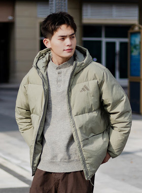 阿迪达斯羽绒服男装冬季新款鸭绒面包服绿色连帽加厚外套JM4625