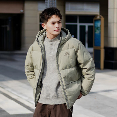 阿迪达斯羽绒服男装冬季新款鸭绒面包服绿色连帽加厚外套JM4625