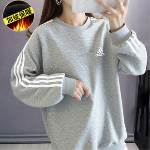 阿迪达斯灰色女子卫衣简约运动休闲服防风加绒保暖加厚套头衫外套