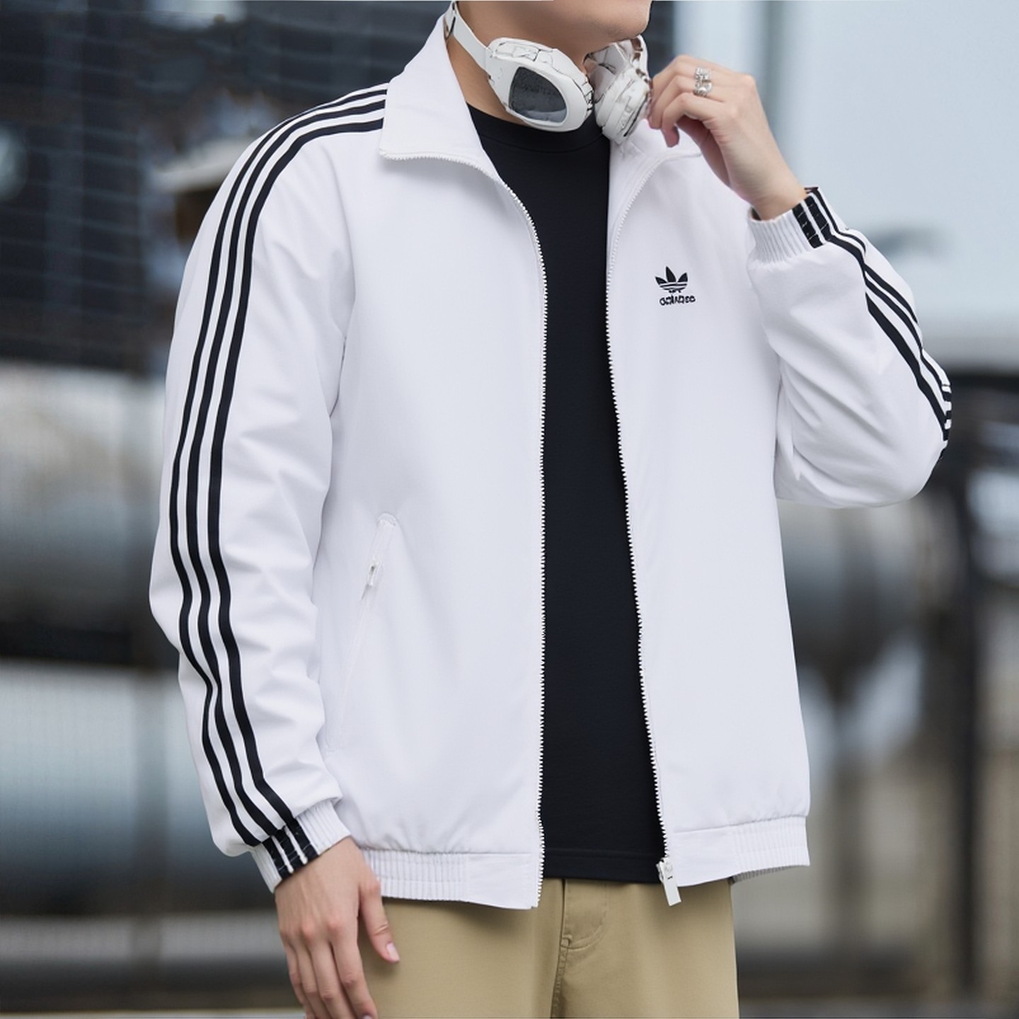 Adidas阿迪达斯男士立领拉链运动外套三条杠白色休闲开衫休闲上衣