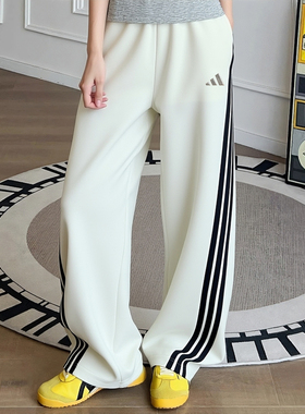 阿迪达斯白色运动裤女冬季新款宽松阔腿长裤直筒美式街舞弯刀裤