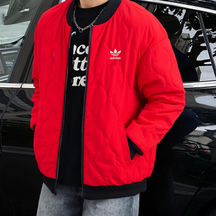 阿迪达斯三叶草红色棉服男冬季新年款复古棉袄外套美式加厚棒球服