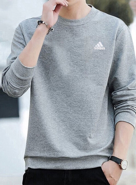 阿迪达斯灰色卫衣男秋季新款圆领打底衫纯棉外套宽松运动服IC9331