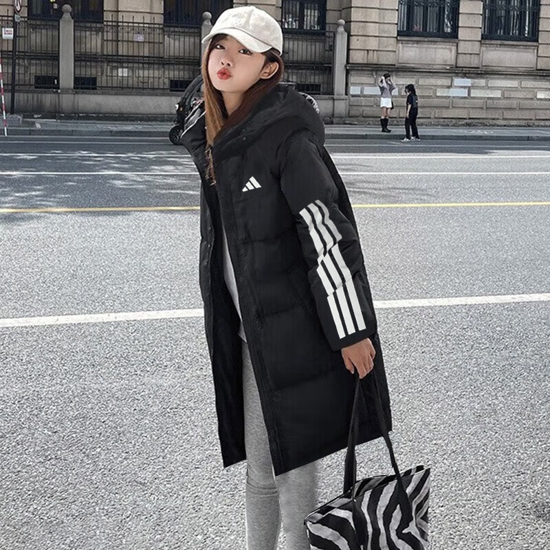 阿迪达斯长款羽绒服女冬季新款过膝面包服加厚外套连帽美式鸭绒衣