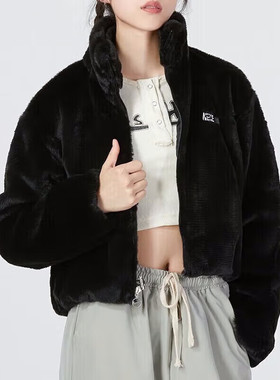 Nike耐克冬新款人造皮草绒面外套女黑色休闲上衣保暖运动装DV5140