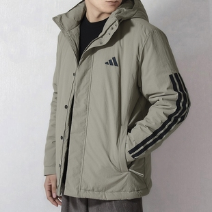 阿迪达斯中长款棉服男冬季新款保暖运动服加厚连帽防风衣棉袄外套