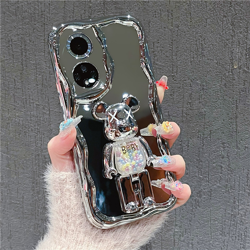 适用于荣耀50/60/70/80/90pro手机壳苹果14软壳华为mate60暴力熊支架opporeno7电镀银色vivox80防摔小米13女