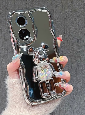 适用于荣耀50/60/70/80/90pro手机壳苹果14软壳华为mate60暴力熊支架opporeno7电镀银色vivox80防摔小米13女