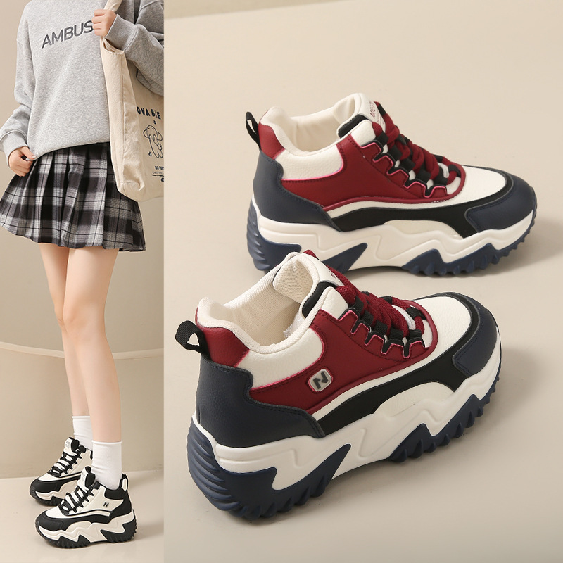 真皮内增高女鞋老爹鞋女2025新款冬季小个子厚底鞋冬天高帮女鞋