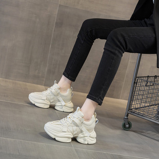 女2025秋季 老爹鞋 新款 鞋 ins潮皮面软底运动休闲鞋 真皮厚底舞蹈鞋