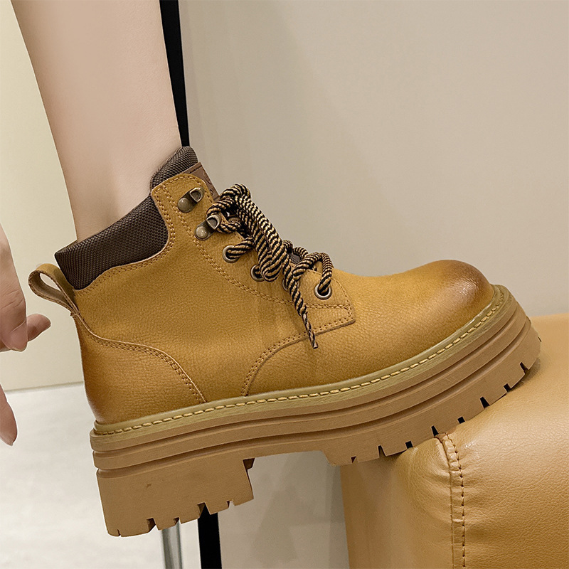 真皮3008-21白鹿同款马丁靴女户外徒步登山大黄靴小个子厚底靴子