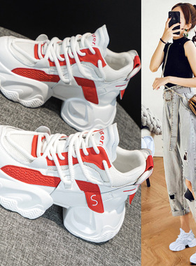 真皮厚底红色重工老爹鞋女显脚小2025春季新款爆款炸街内增高运动