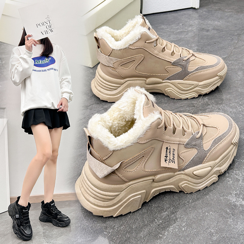真皮高帮老爹鞋女2025冬季新款加绒ins百搭棉鞋厚底休闲运动鞋