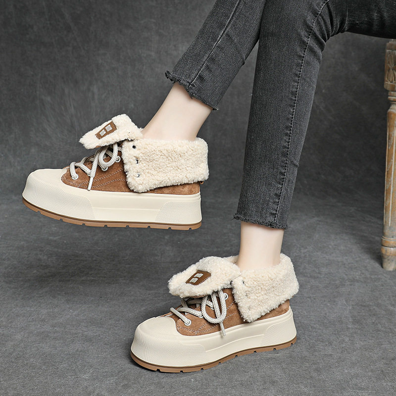 欧洲站女鞋24冬时尚磨砂皮拼羊毛圆头系带厚底毛毛暖鞋高低帮板鞋,女鞋,棉鞋,淘宝优惠券,粉丝福利购,淘宝优惠卷