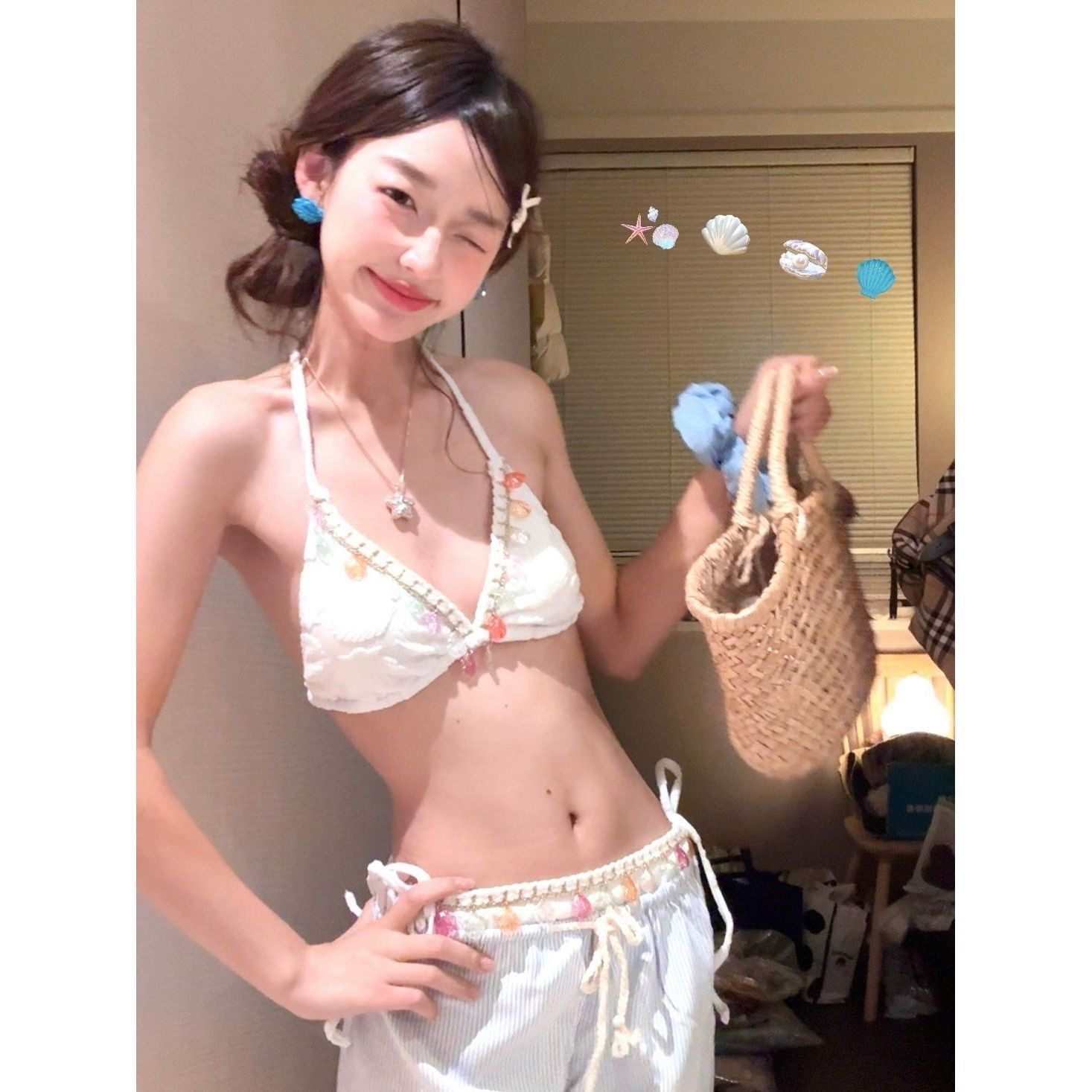 泰国多巴胺彩色贝壳性感纯欲比基尼辣妹度假风泳衣女BM风条纹