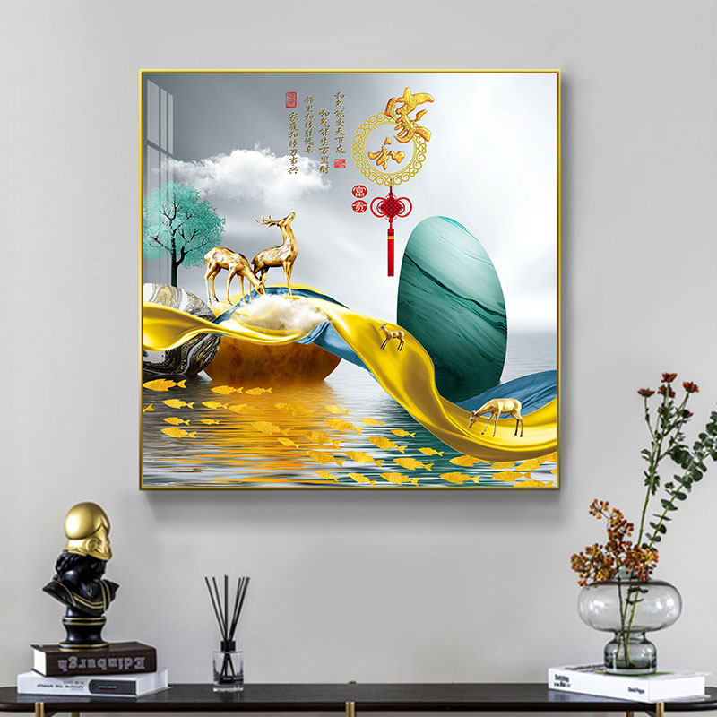 轻奢客厅装饰画单幅现代简约餐厅挂画方形进门玄关墙面壁画招财鹿图片