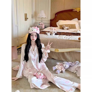 可爱美乐蒂睡衣女春秋季冰丝绸缎面薄款甜美长袖蕾丝边夏天家居服