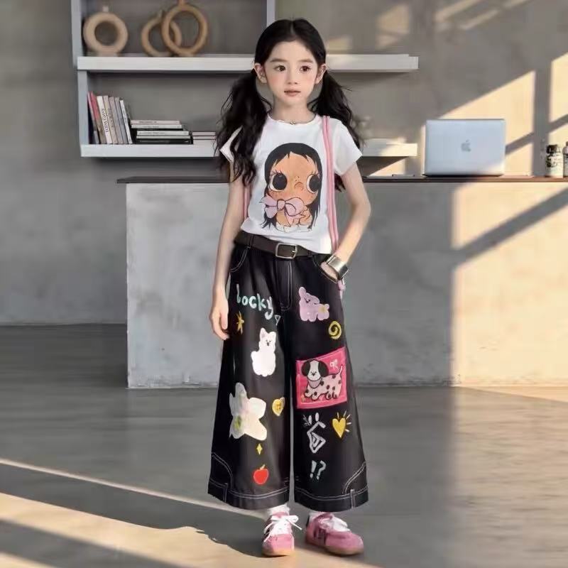 黑色高腰显瘦女童夏季美式设计感卡通七分直筒牛仔裤短袖洋气套装