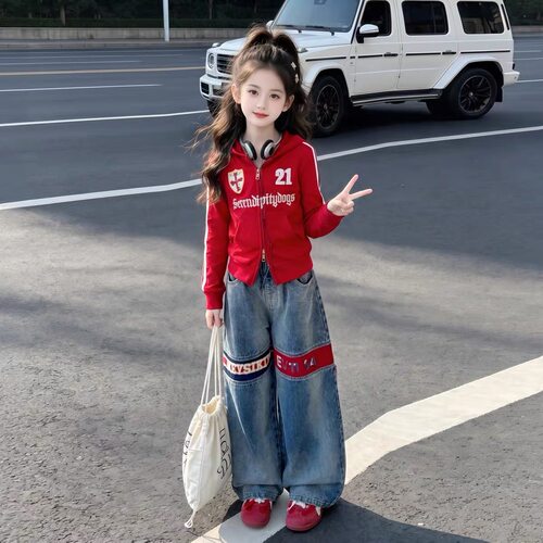 女童美式复古连帽开衫卫衣外套2026秋季新款牛仔阔腿裤时髦两件套