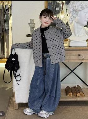 女童秋装针织波点开衫弯刀裤套装中大童秋季洋气波点灰色毛衣外套