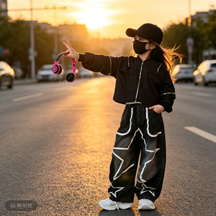 女童秋季潮酷棒球服外套牛仔弯刀裤套装中大童设计感老爹裤两件套