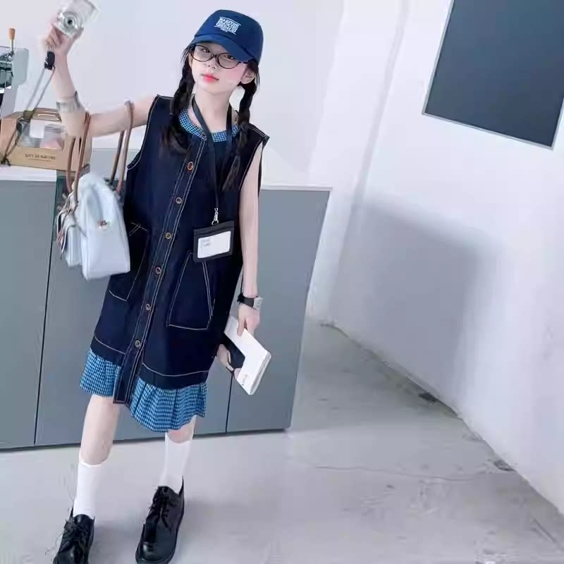 复古拼接牛仔连衣裙女童夏季新款无袖中长裙格子假两件减龄显瘦
