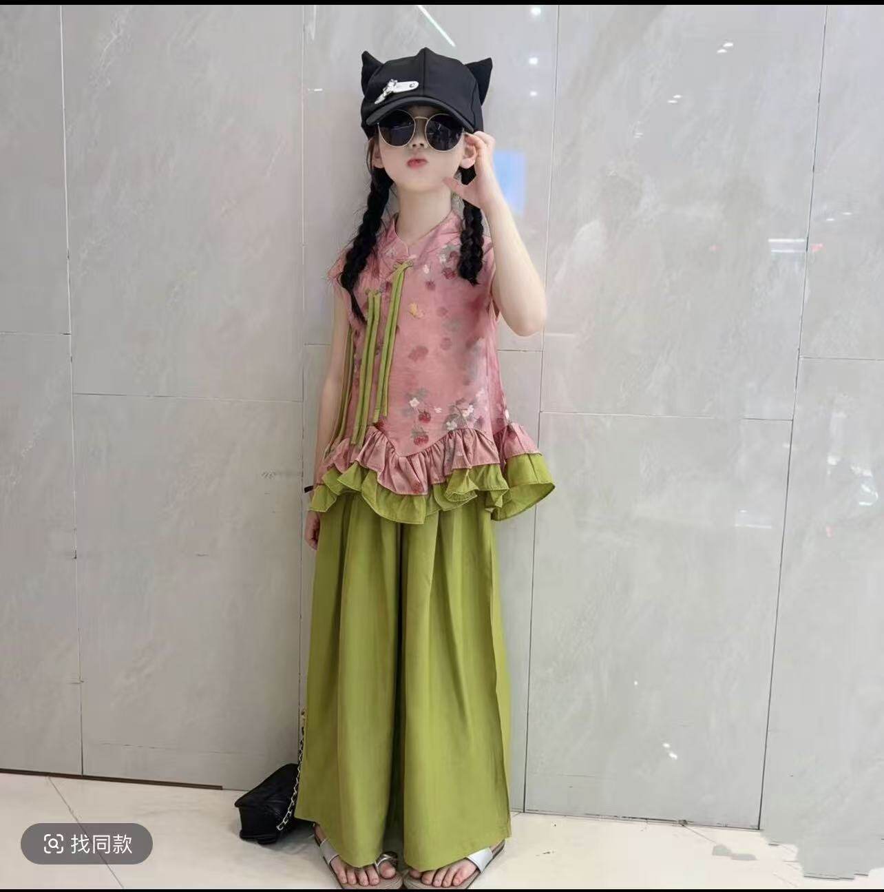 2026夏季新款女童中国风草莓印花荷叶边上衣搭配高腰阔腿裤两件套