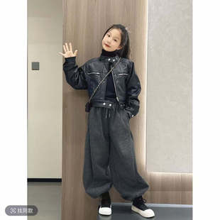 宽松显瘦套装 女童皮衣夹棉外套加厚2025秋冬新款 运动加绒阔腿裤