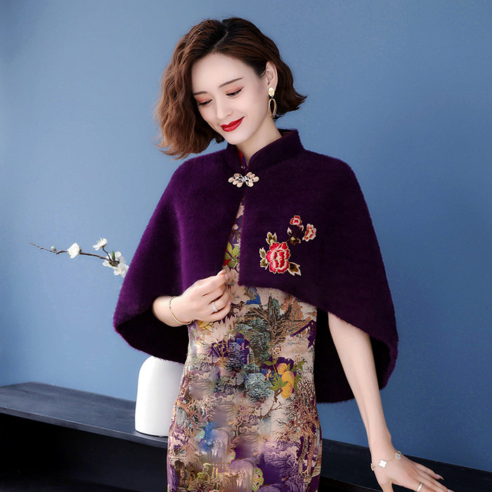 2022秋冬貂羊绒外搭时尚洋气披肩配旗袍刺绣小斗篷水貂绒婚礼肩搭
