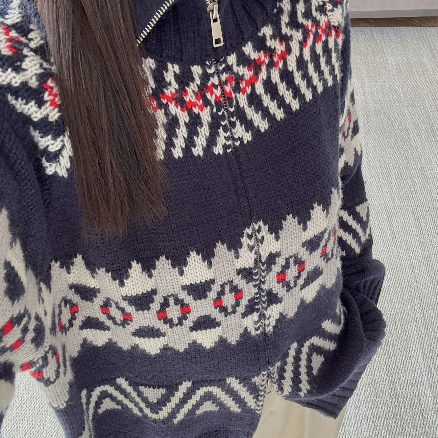 费尔岛几何纹提花！Sel*W~羊毛混纺~大翻领针织衫毛衣开衫