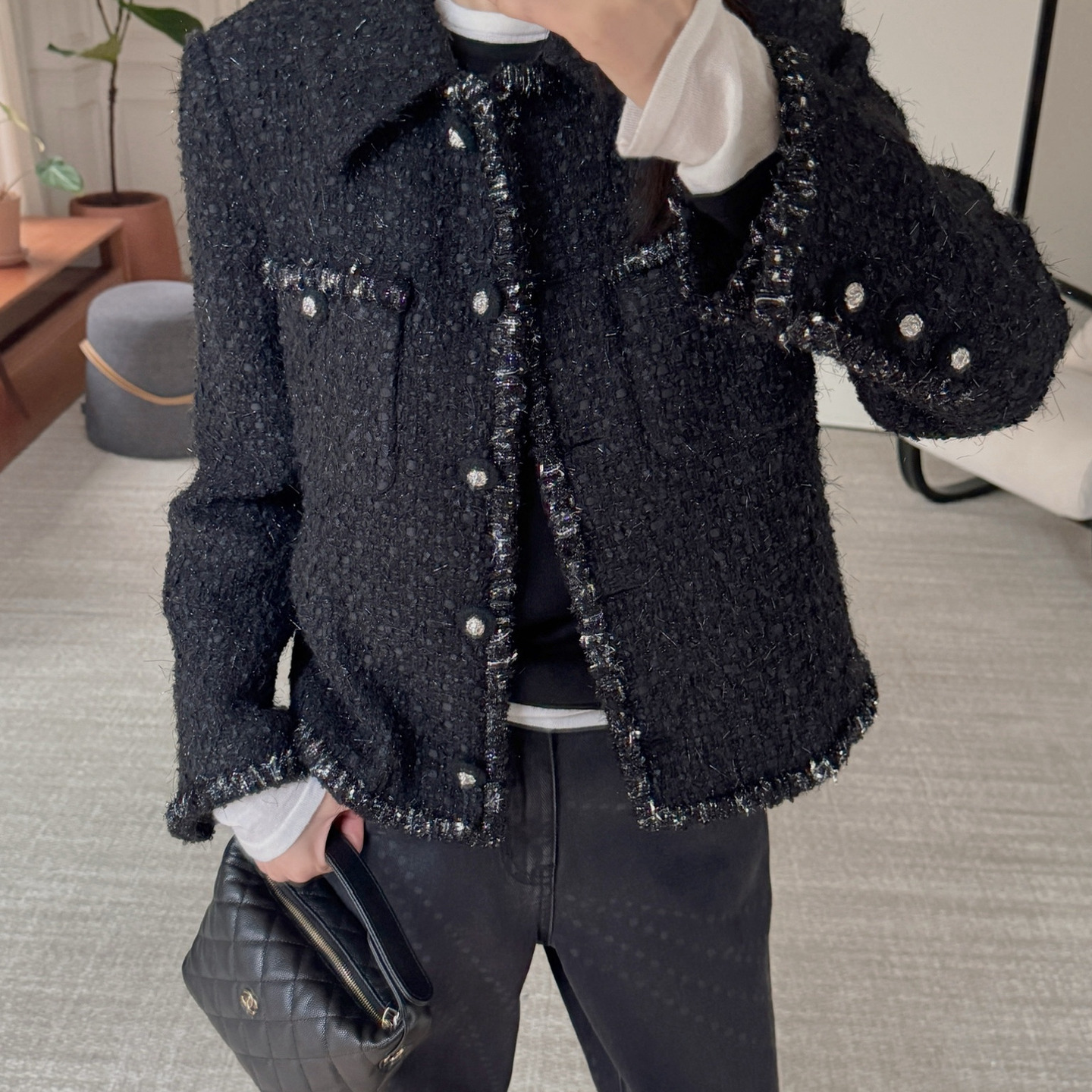 现货~经典珍藏款！英国进口LINTON粗花呢~流光黑小香风外套