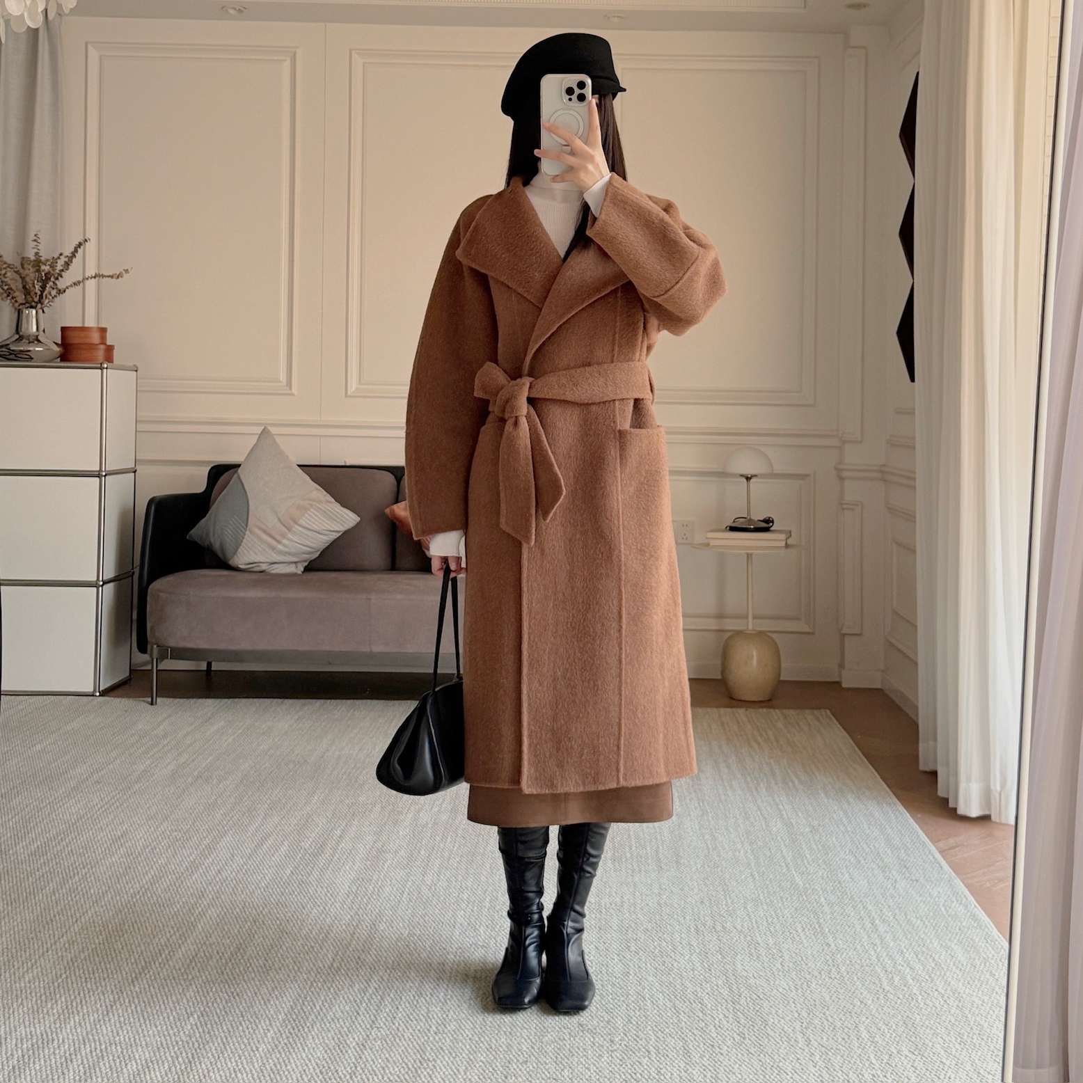 董洁同款！牦牛绒/羊毛/桑蚕丝混纺~一粒扣叠襟系带毛呢大衣