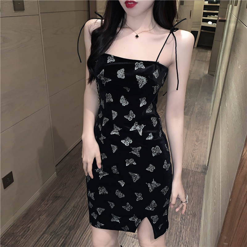 2020夏季新款时髦精ins吊带裹胸连衣裙bling闪闪蝴蝶开叉连衣裙