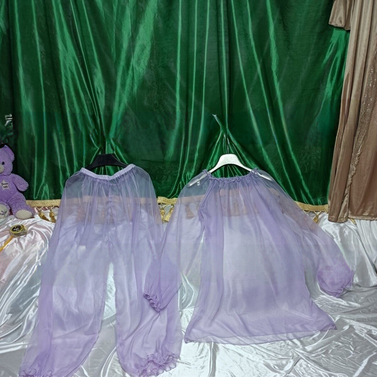 25男女可穿纯色纱巾丝滑情趣质感睡衣套装性感两件套荷叶花边松紧