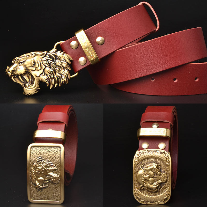男士纯黄铜板扣真皮腰带平滑扣生肖虎红色本命年皮带头层牛皮裤带