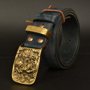 马缰革手工皮带纯黄铜男士正装高档腰带非纯铜平滑扣休闲百搭裤带