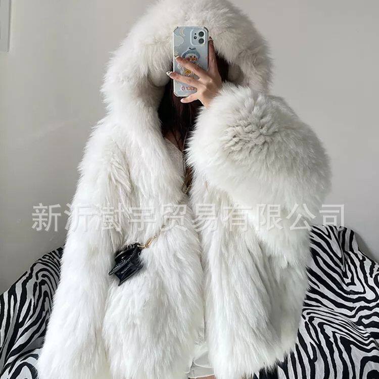 速卖通亚马逊批发外贸皮草女装狐狸毛外套连帽大号毛毛上衣秋冬