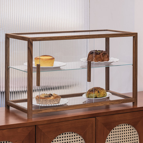 复古黑胡桃木实木玻璃面包展示柜咖啡店甜品茶具陈列架手办收纳柜