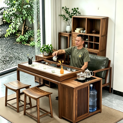 乌金木推拉阳台茶桌新中式茶台椅组合家用小户型高端实木泡茶桌椅