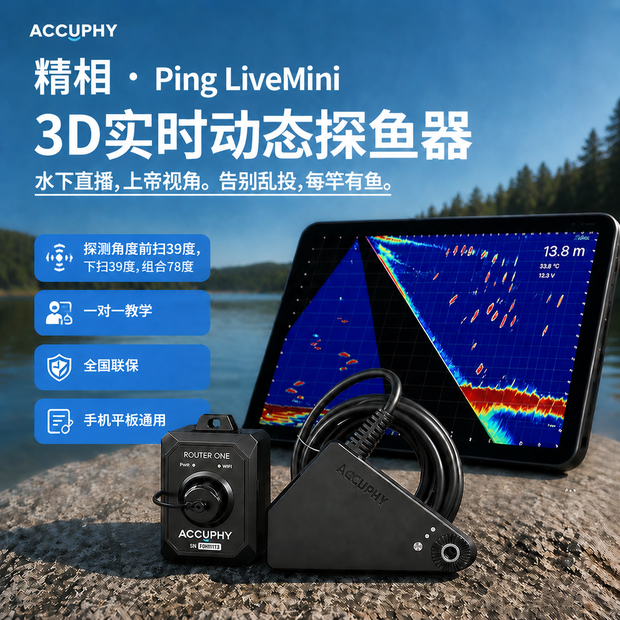 精相 Accuphy国产PingLiveMini探鱼器实时动态声呐鱼探筏钓探鱼器