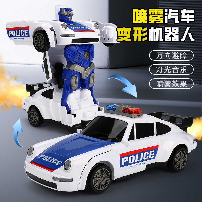 抖音同款电动喷雾变形警察车音乐灯光万向小汽车自动变形机器人